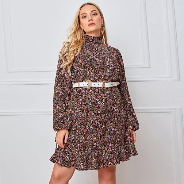 

Plus Shirred High Neck Lantern Sleeve Floral Dress Without Belt, Multicolor