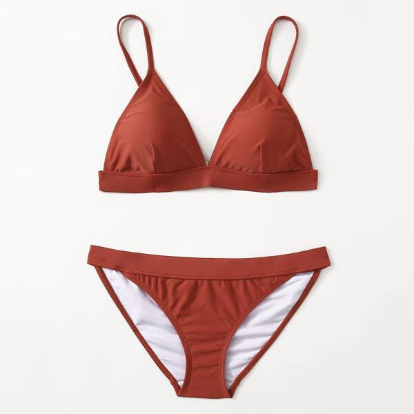 

Solid Triangle High Cut Bikini Swimsuit, Coffee brown