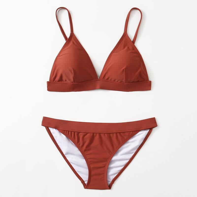 

Solid Triangle High Cut Bikini Swimsuit, Coffee brown