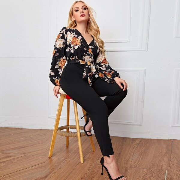 

Plus Floral Print Bodice Lantern Sleeve Self Belted Jumpsuit, Black