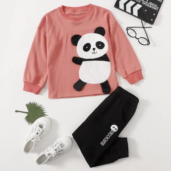 

Toddler Girls Panda Patched Sweatshirt & Letter Embroidery Joggers, Multicolor