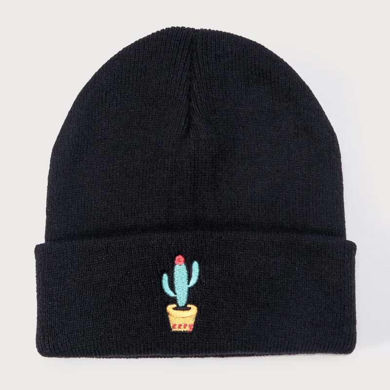 

Cactus Embroidery Beanie, Black