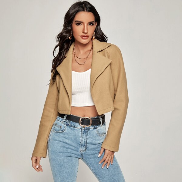 

Solid Lapel Collar Crop Jacket, Khaki