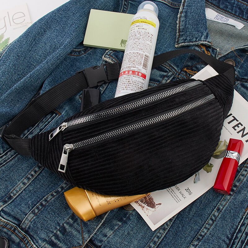 

Double Zip Corduroy Fanny Pack, Black