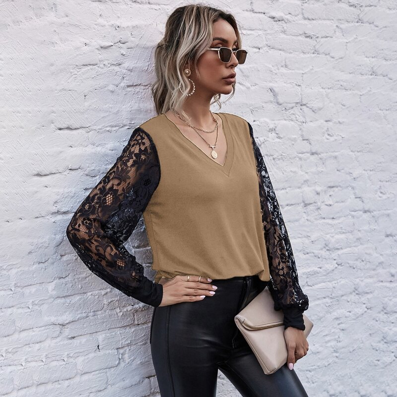 

Contrast Lace Sleeve V Neck Top, Khaki