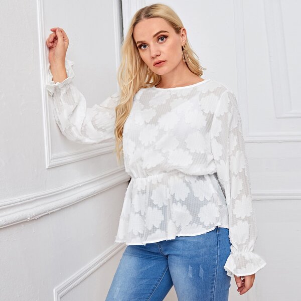 

Plus Ruffle Cuff and Hem Applique Top, White