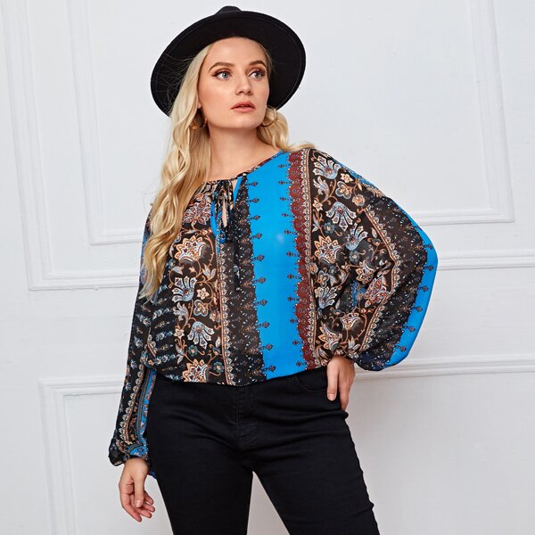

Plus Tie Neck Lantern Sleeve Floral Print Top, Multicolor