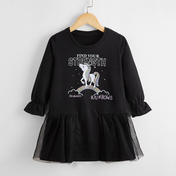 

Toddler Girls Cartoon Unicorn And Slogan Graphic Smock Dress, Black
