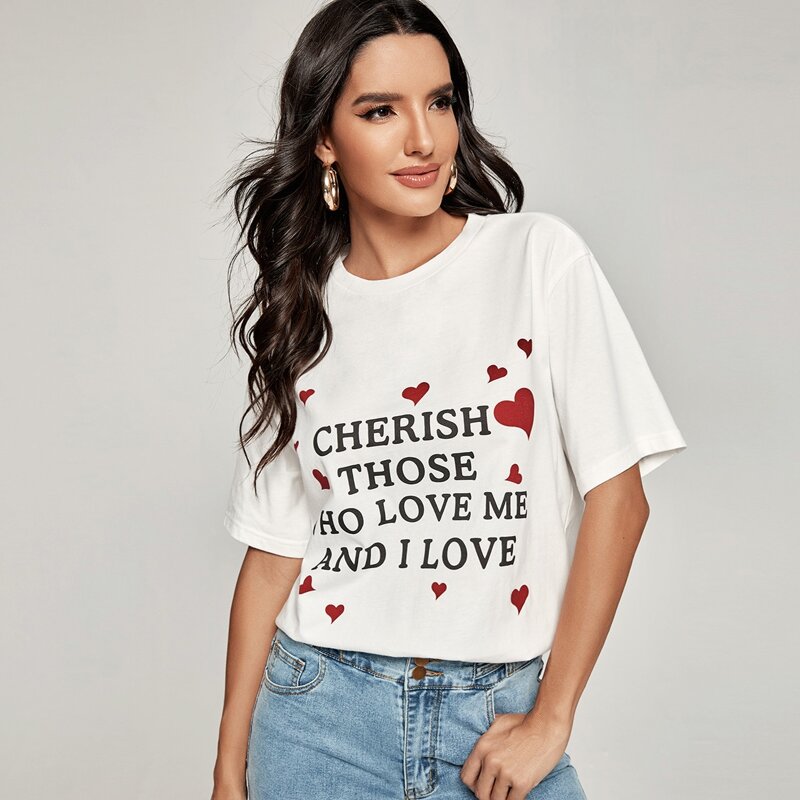

Heart And Slogan Graphic Drop Shoulder Tee, White