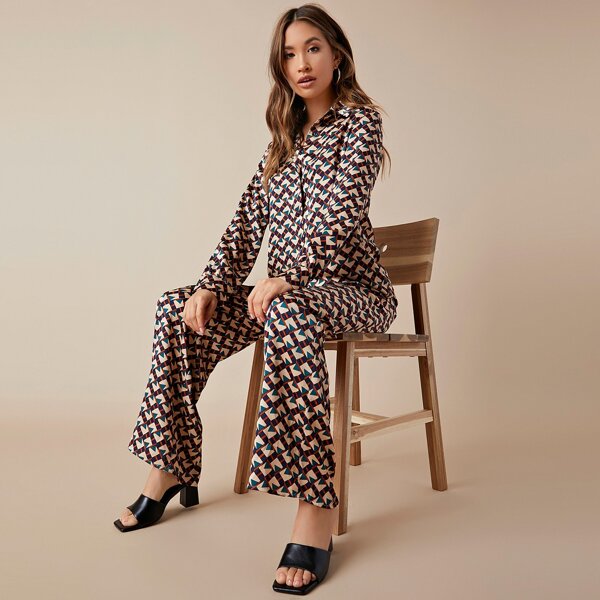 

Allover Print Button Placket Blouse & Palazzo Pants Set, Multicolor