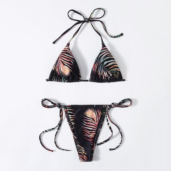 

Palm Leaf Print Halter Tie Side Bikini Swimsuit, Black