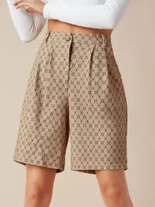 SHEIN Essnce Quần short Nút Tất cả trên in Giải trí - Màu Khaki - Xem 1