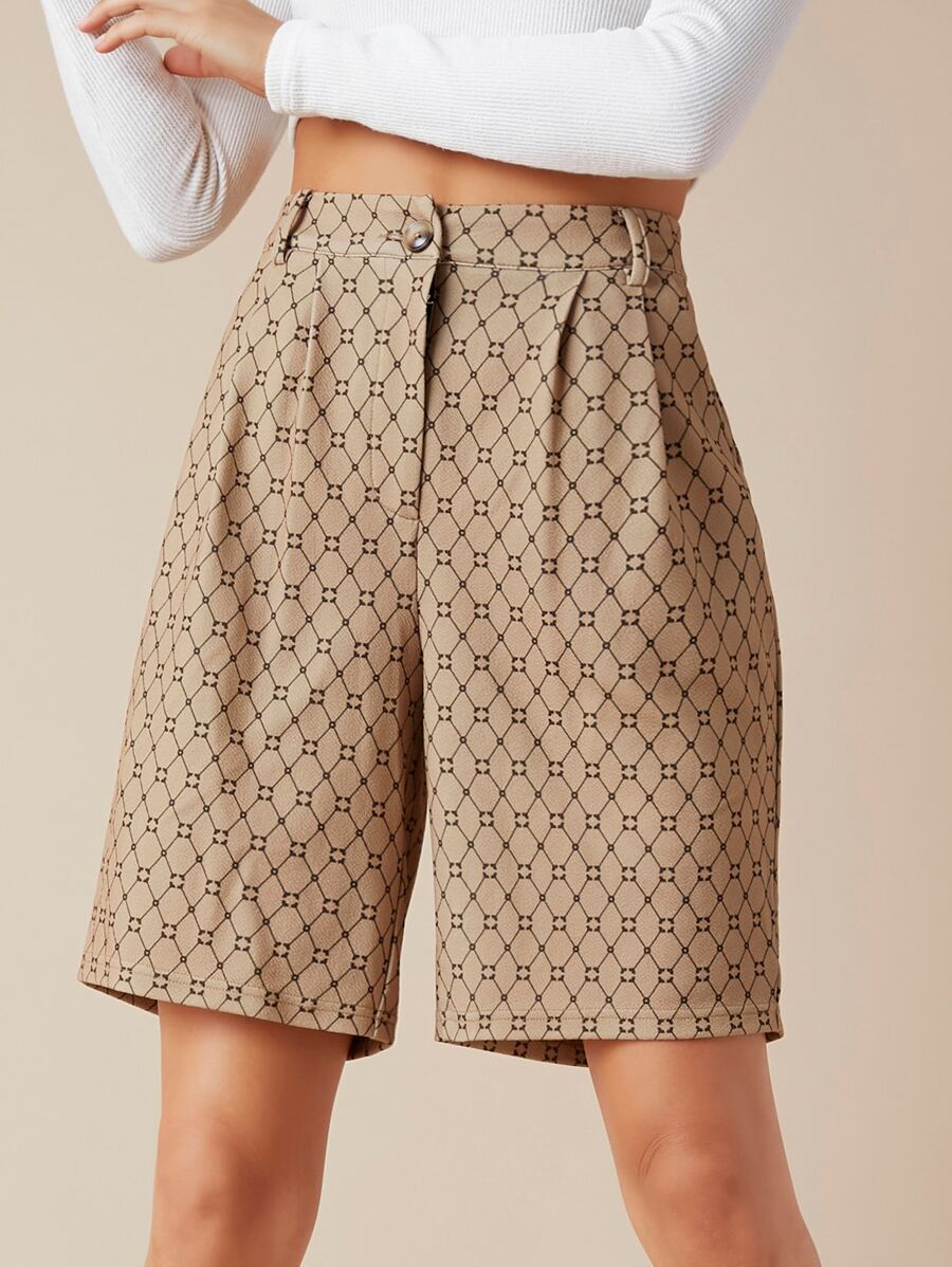 SHEIN Essnce Quần short Nút Tất cả trên in Giải trí - Màu Khaki - Xem 1