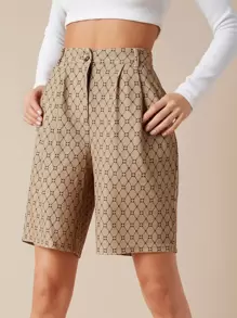 SHEIN Essnce Quần short Nút Tất cả trên in Giải trí - Màu Khaki - Xem 4