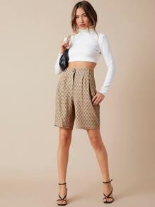 SHEIN Essnce Quần short Nút Tất cả trên in Giải trí - Màu Khaki - Xem 5