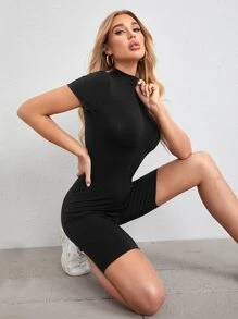 SHEIN Essnce Áo liền quần Dây kéo màu trơn Thể thao - màu đen - Xem 3