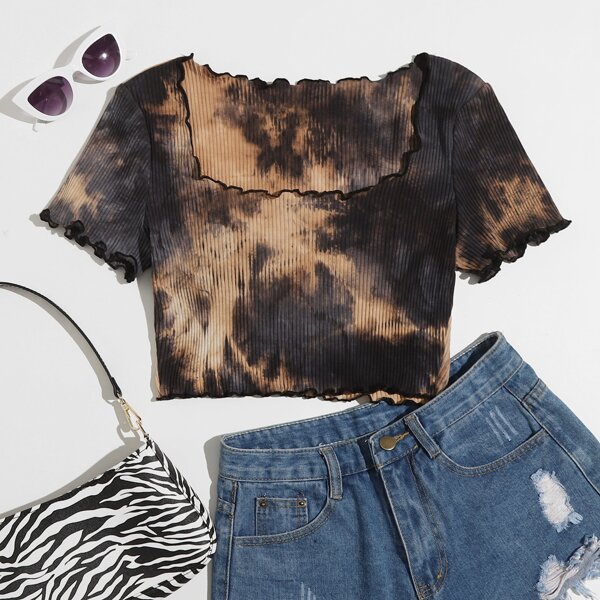 

Square Neck Lettuce Trim Tie Dye Crop Tee, Multicolor