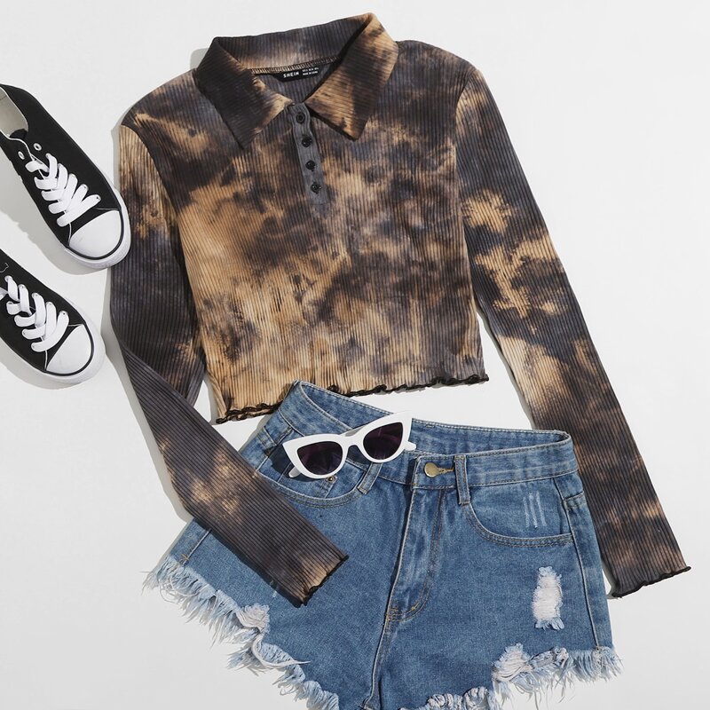 

Tie Dye Lettuce Trim Half Button Placket Tee, Multicolor