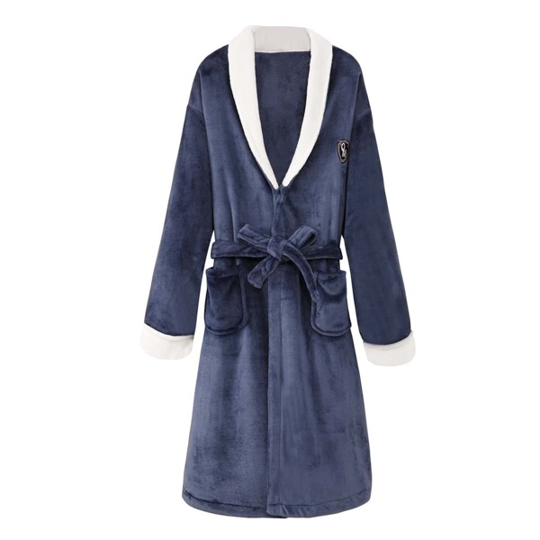 

Men Letter Embroidery Self Tie Flannel Robe, Navy blue