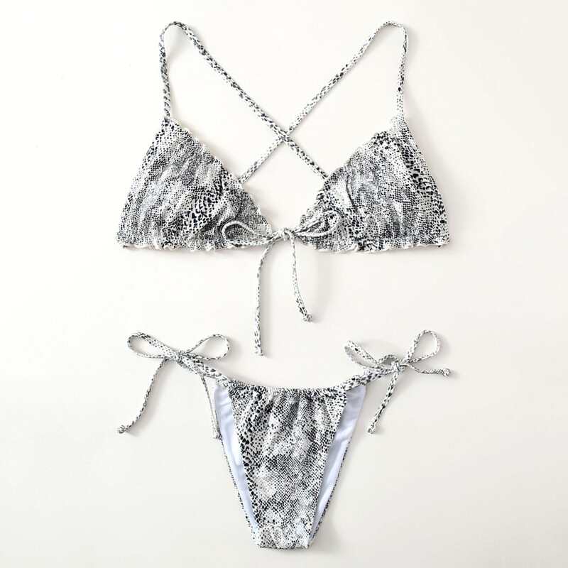 

Snakeskin Tie Front Thong Bikini Swimsuit, Black and white