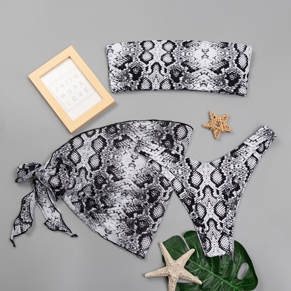 

3pack Snakeskin Bandeau Bikini Swimsuit & Beach Skirt, Black and white