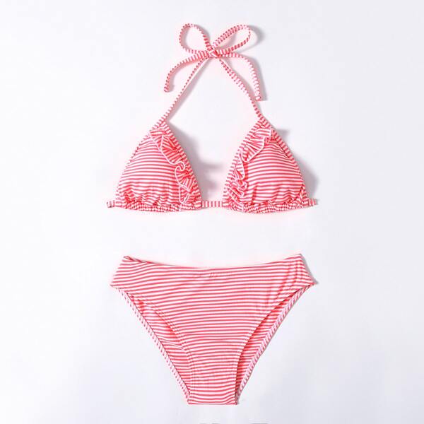 

Striped Ruffle Halter Bikini Swimsuit, Orange