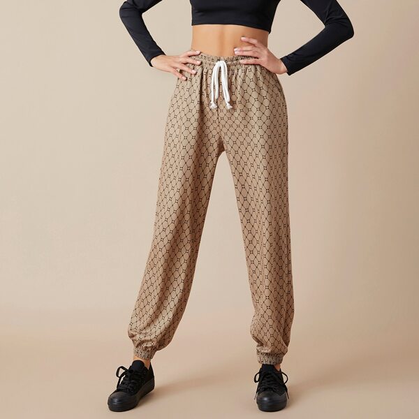 

Drawstring Waist Allover Print Joggers, Khaki