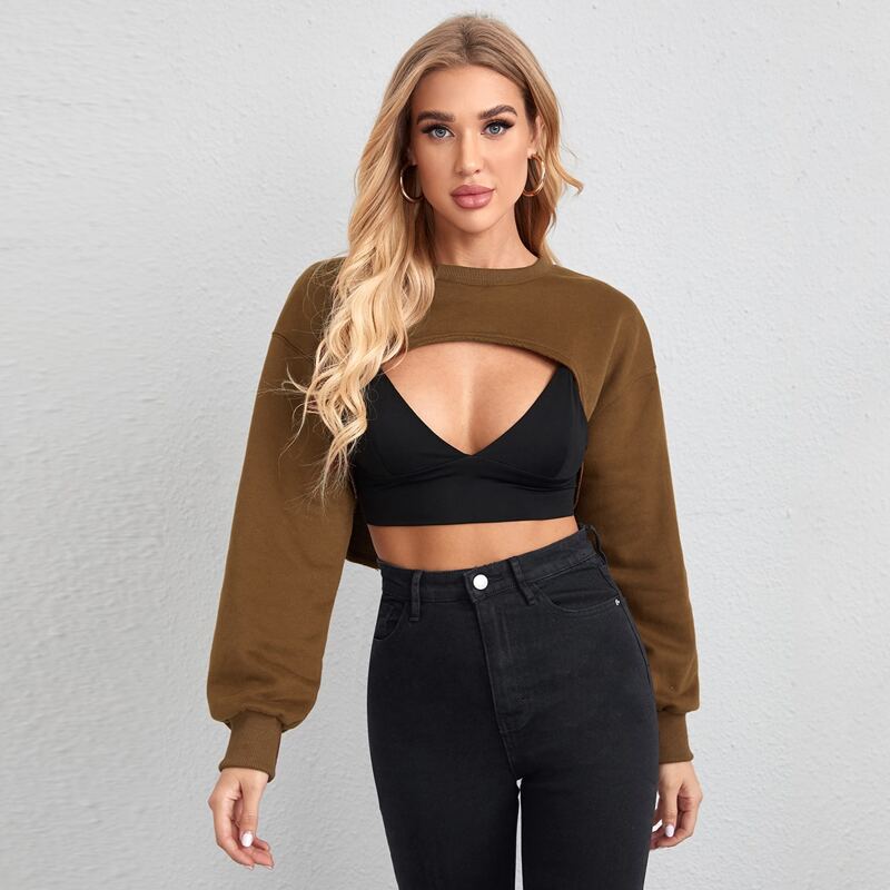 

Drop Shoulder Super Crop Pullover Without Bra, Mocha brown