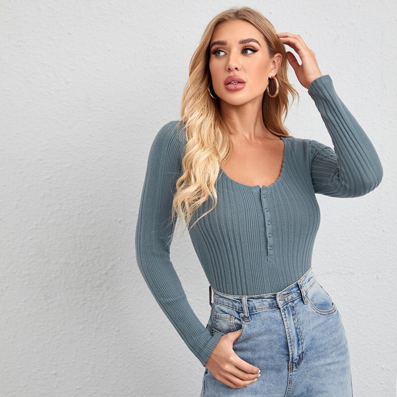 

Press Buttoned Half Placket Rib-knit Tee, Dusty blue