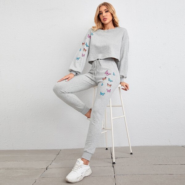 

Butterfly Print Crop Pullover & Joggers Set, Light grey