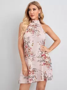 SHEIN Tie Back Floral Print Halter Dress - Baby Pink - View 1
