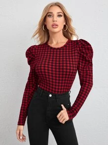 SHEIN Privé 羊腿袖大方格紋T恤 - 彩色 - 查看 1