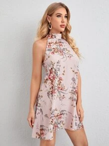 SHEIN Tie Back Floral Print Halter Dress - Baby Pink - View 3