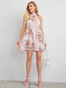 SHEIN Tie Back Floral Print Halter Dress - Baby Pink - View 4