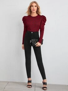 SHEIN Privé 羊腿袖大方格紋T恤 - 彩色 - 查看 3