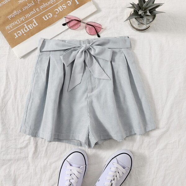 

Wide Leg Stripe Belted Shorts, Blue and white