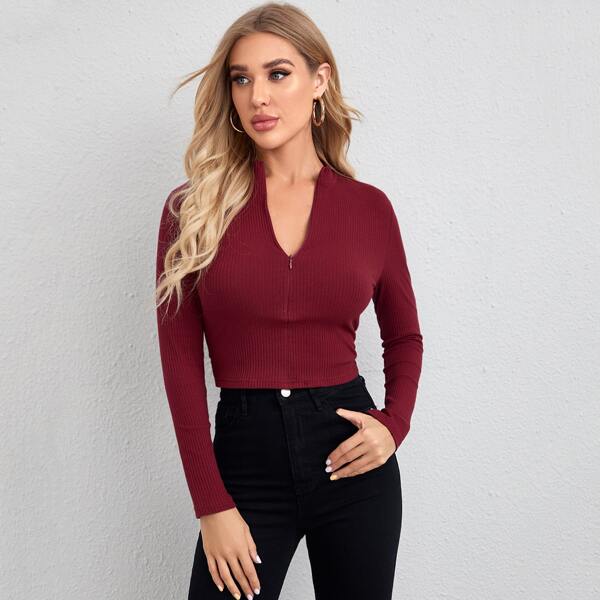 

Half Placket Rib-knit Tee, Maroon