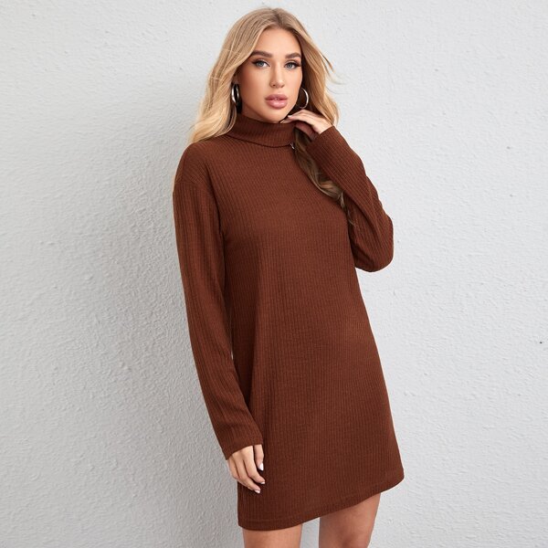 

High Neck Rib-knit Dress Without Bag, Rust brown
