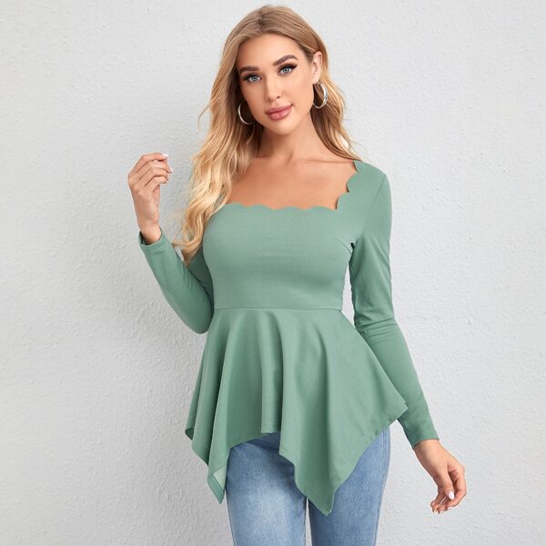 

Scallop Square Neck Hanky Ruffle Hem Tee, Mint green