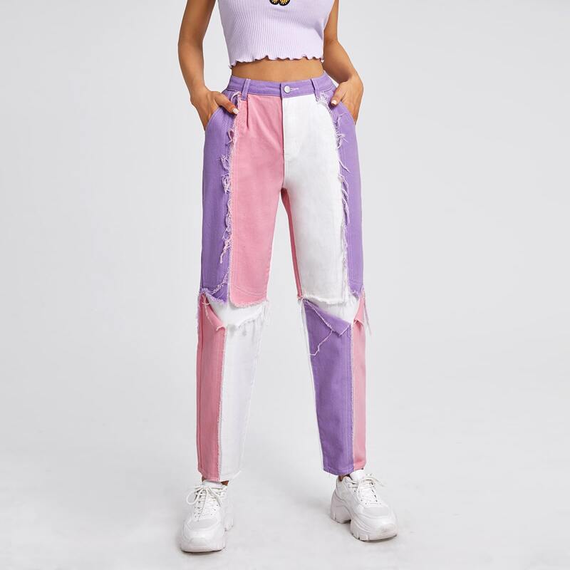 

High Waist Colorblock Straight Leg Jeans, Multicolor