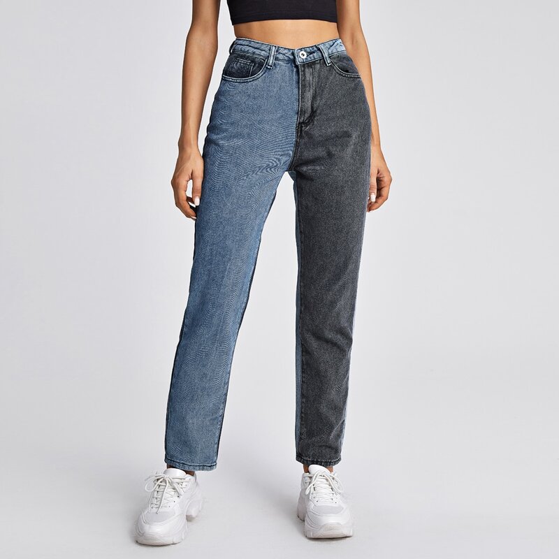 

High Waist Two Tone Straight Leg Jeans, Multicolor