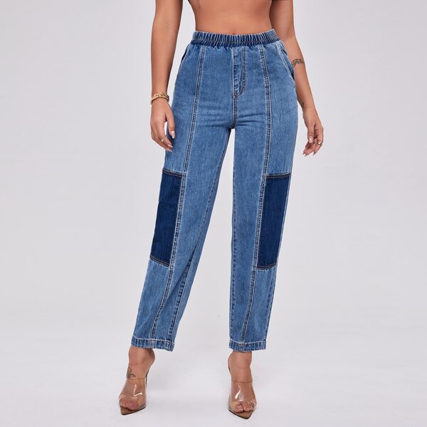 

Elastic Waist Spliced Mom Cropped Jeans, Medium wash