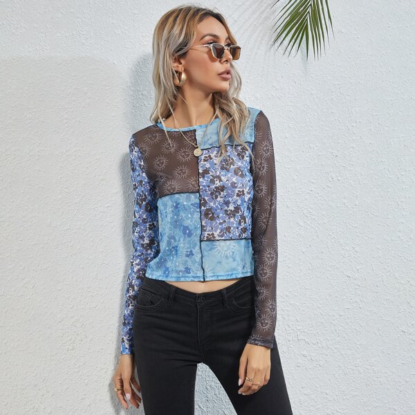 

Floral Print Lettuce Trim Sheer Top, Multicolor