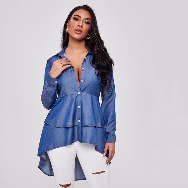 

High Low Hem Buttoned Denim Blouse, Medium wash