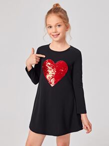 SHEIN Girls Colour Change Sequin Heart Detail Tee Dress - Black - View 1