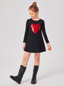 SHEIN Girls Colour Change Sequin Heart Detail Tee Dress - Black - View 3