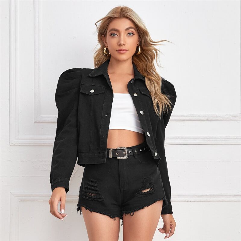 

Button Front Gigot Sleeve Denim Jacket, Black
