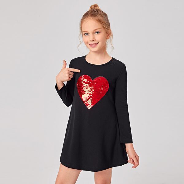 

Girls Color Change Sequin Heart Detail Tee Dress, Black