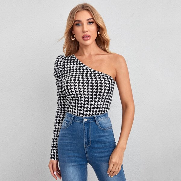

One Shoulder Puff Sleeve Houndstooth Print Tee, Black and white