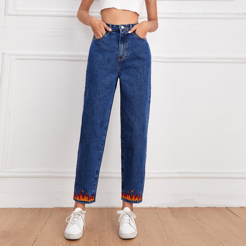 

High Waist Embroidered Fire Mom Jeans, Medium wash